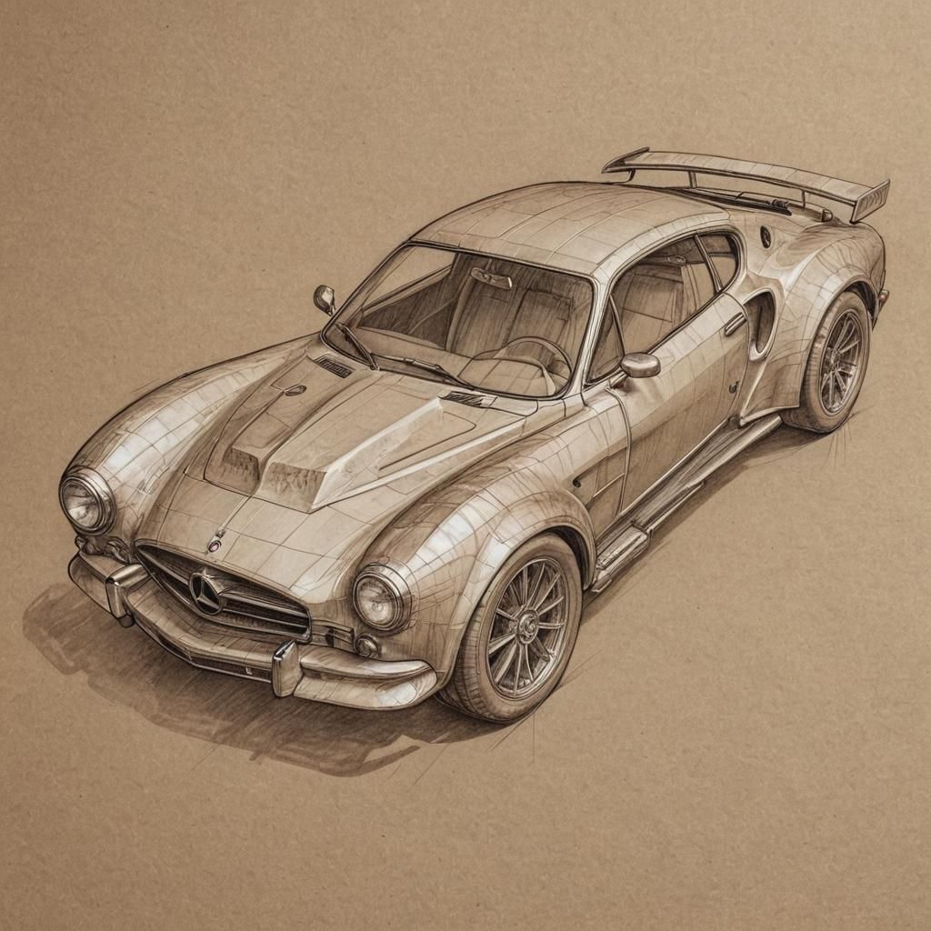 Detailed Car Sketch in White and Brown Hues