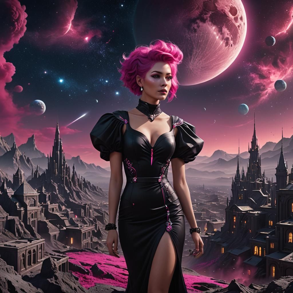 Woman with Fuchsia Hair on Moon, Fantasy Art