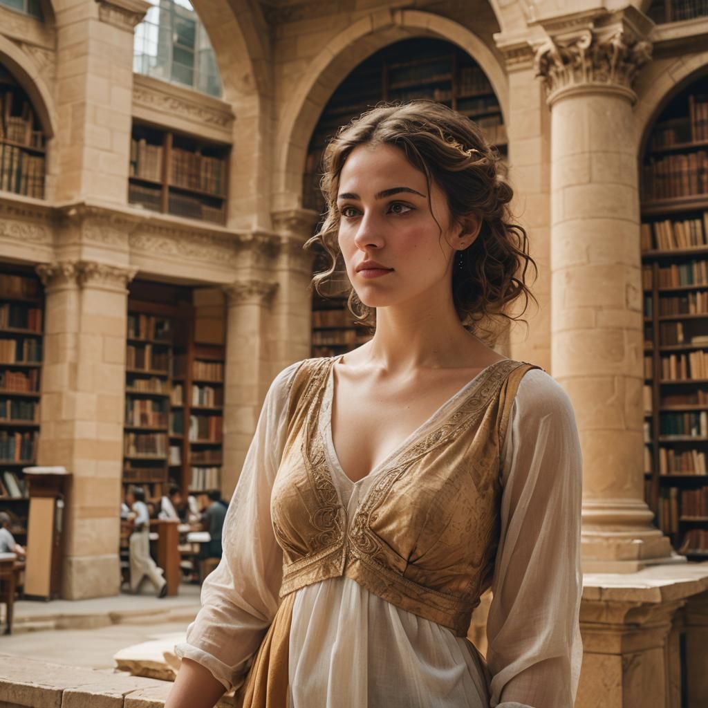 Introspective Woman in Library of Alexandria Portrait