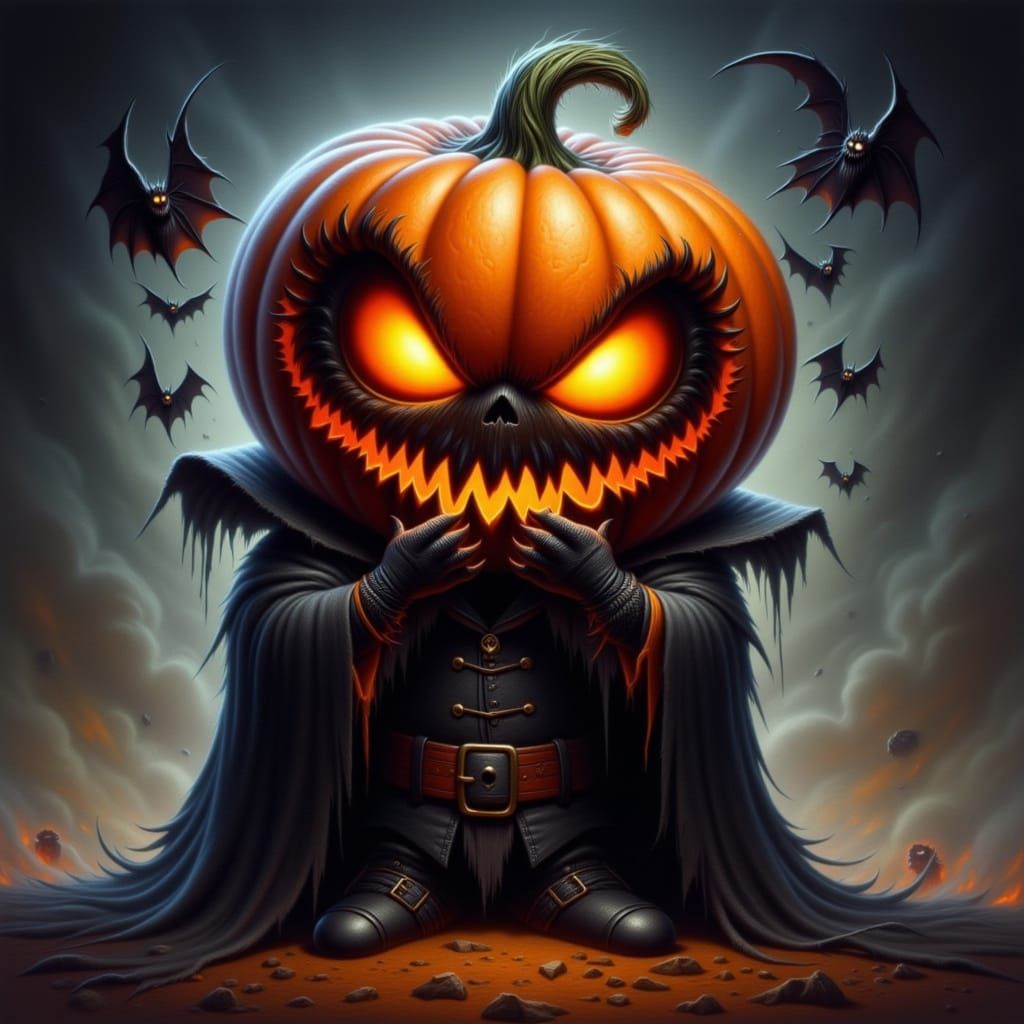 Menacingly Cute Pumpkin Villain in Dark Fantasy Style