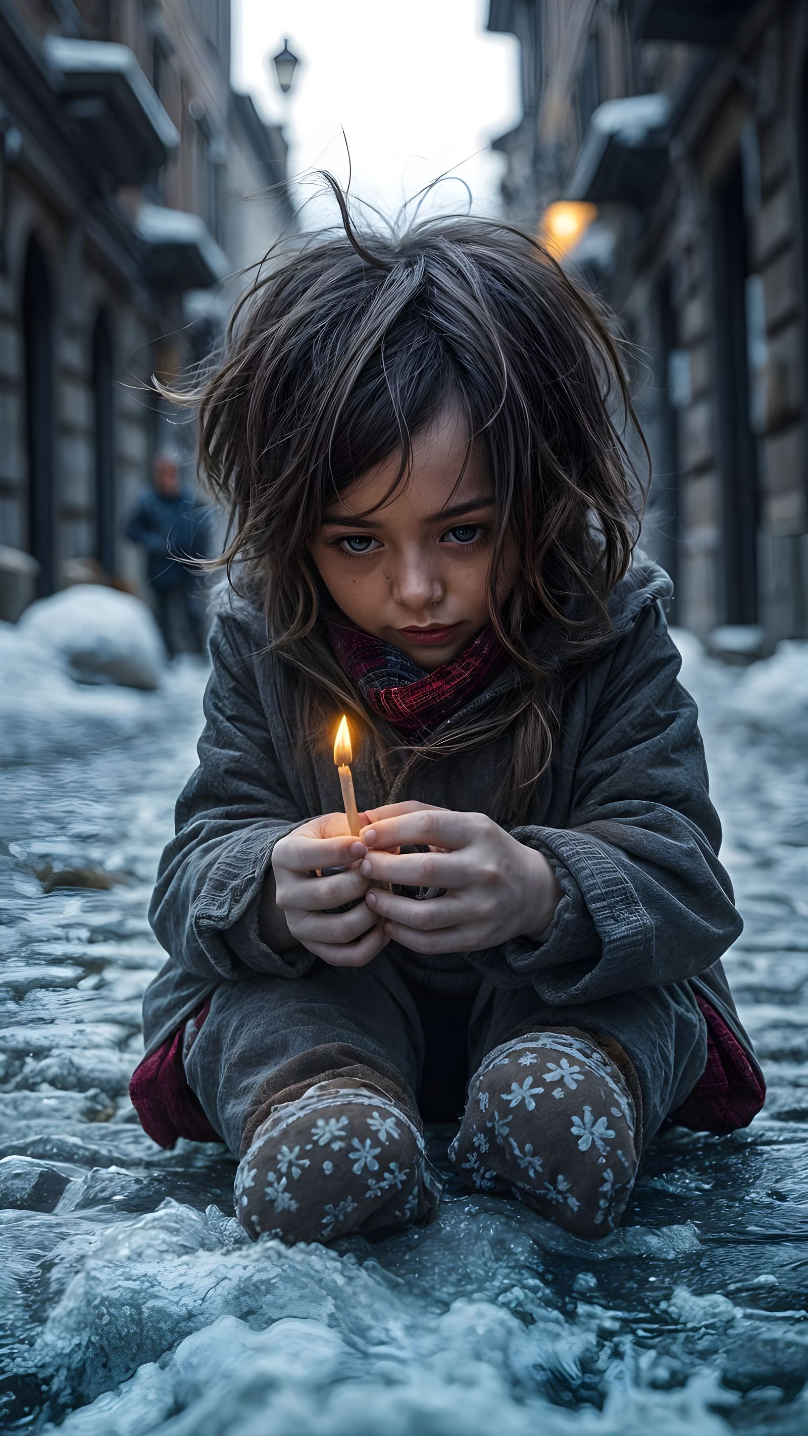 Sorrowful Girl with Match in Winter Night