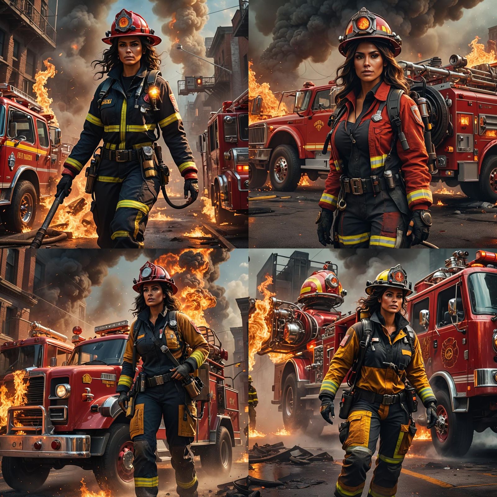 Latina Firefighter on Fire Truck: Detailed Matte Painting