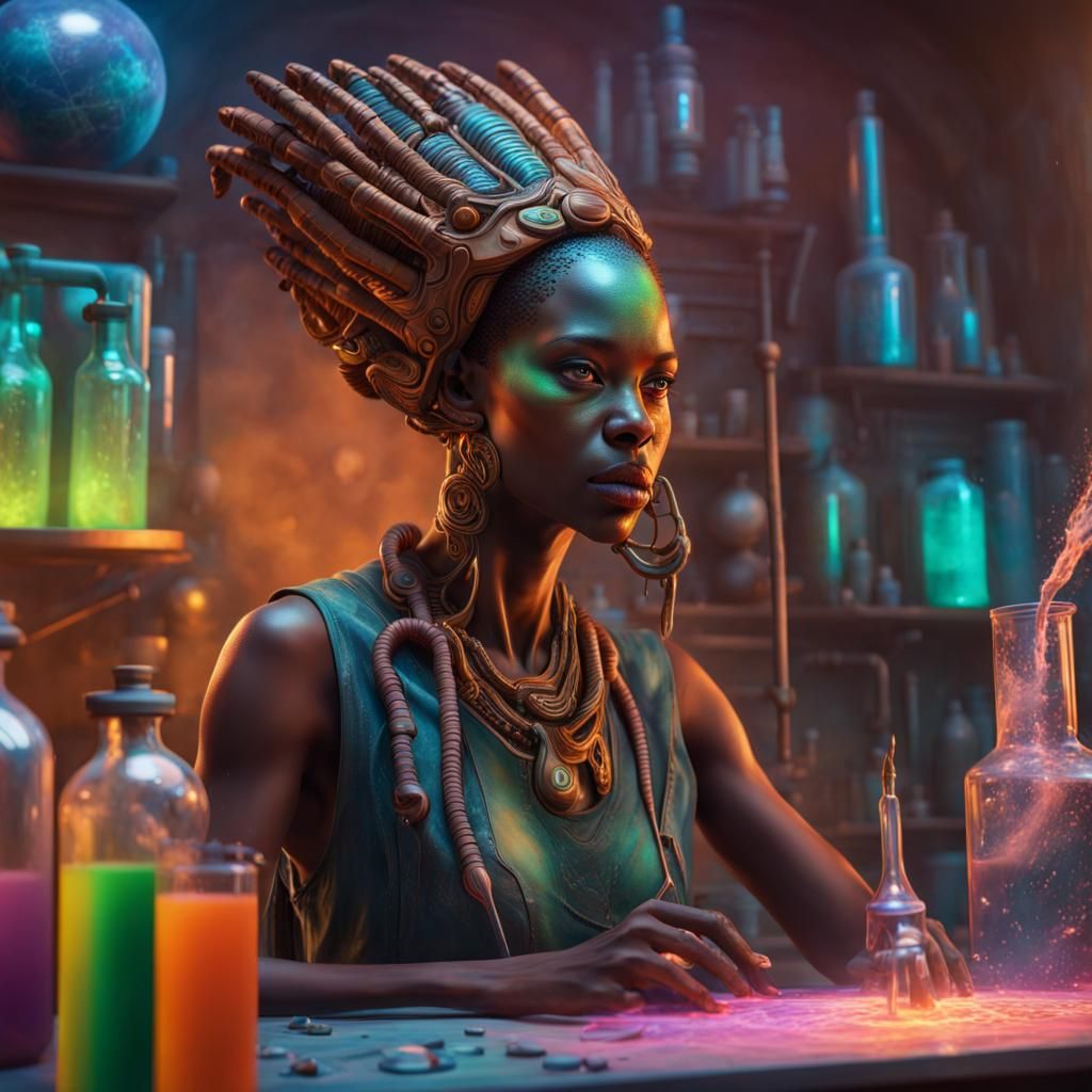 Hyperrealistic Zulu Alien Alchemist Woman in Lab