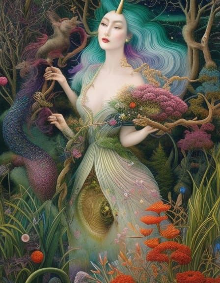 Surreal Unicorn-Human Hybrid in Mycelium Network