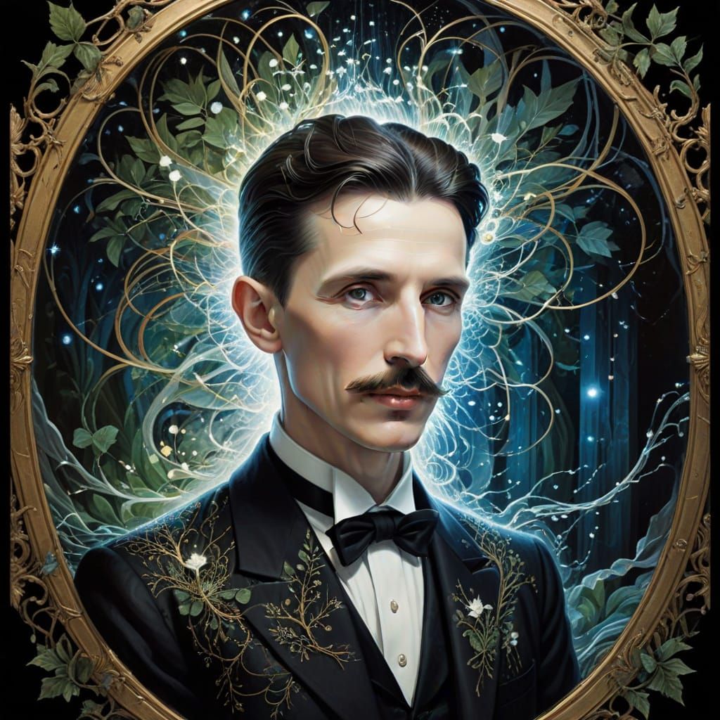 Ethereal Portrait of Nikola Tesla in a Dreamlike Landscape