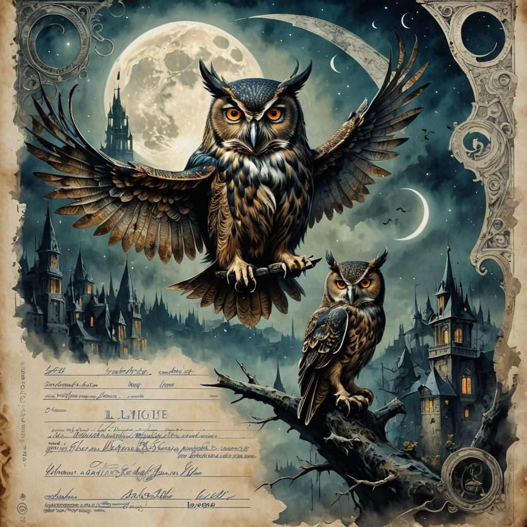Owl Hunting at Night in Vintage Mixed Media