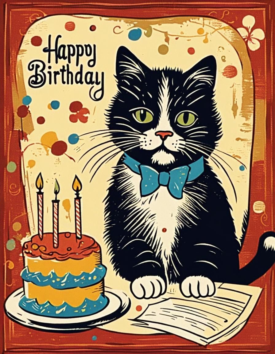 Vintage Graphic of Cat Painter with Birthday Message