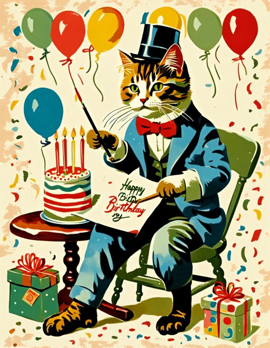 Vintage Graphic Cat Painter Celebrates Birthday