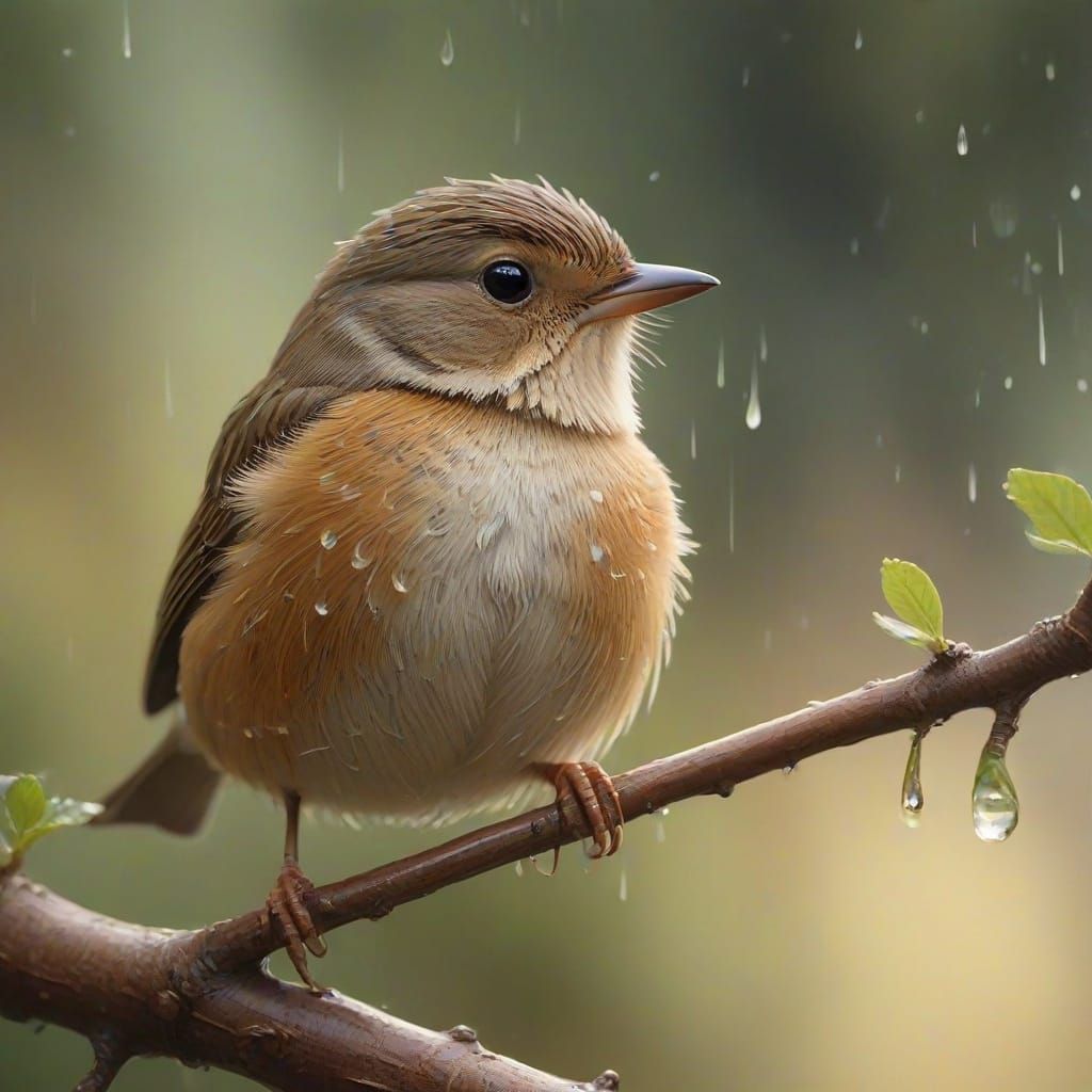 Whimsical Watercolor Bird Singing in Rainy Branch Scene