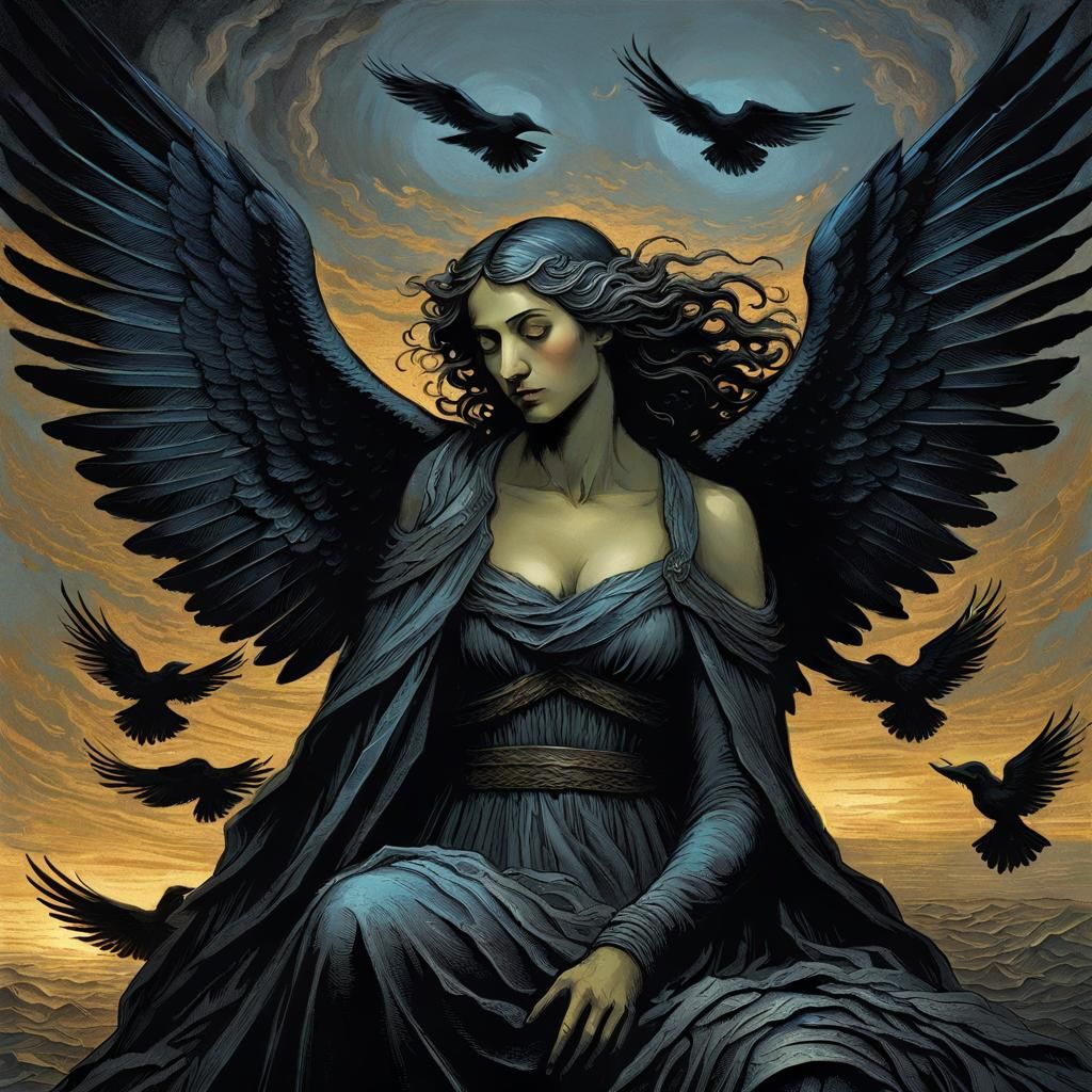 Mourning Angel with Black Wings in Color