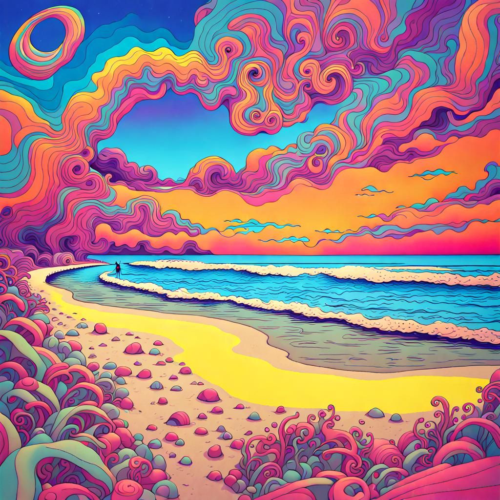 Psychedelic Beach Scene in Vivid Colors