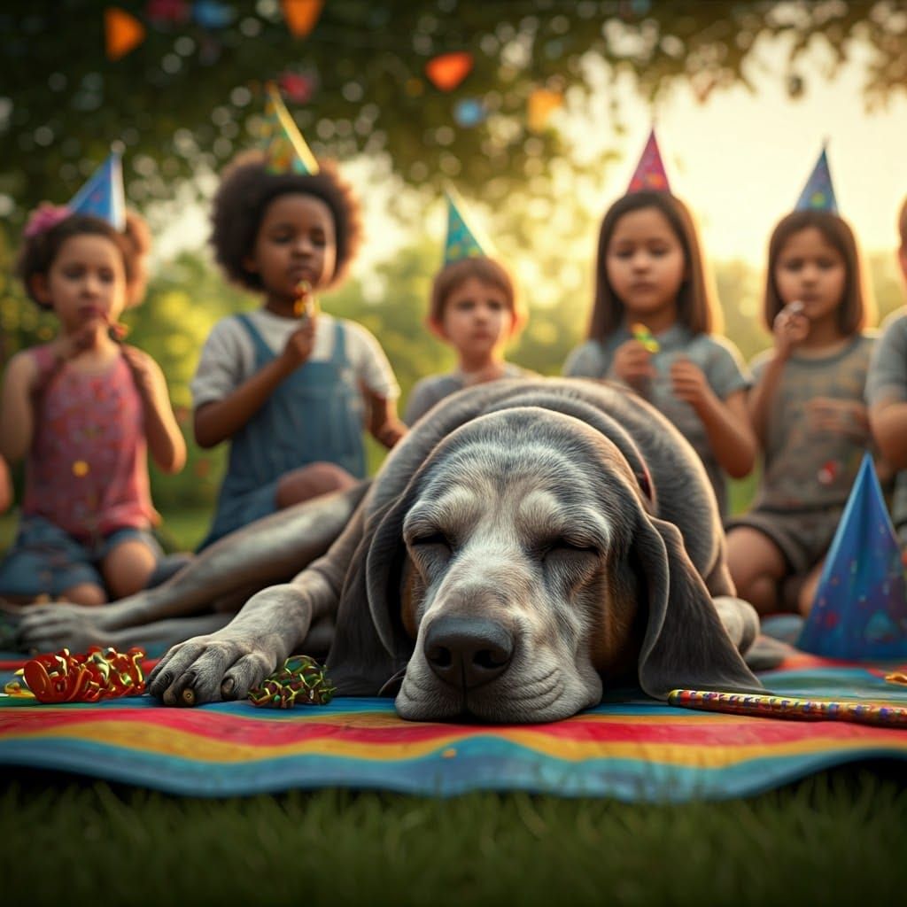 Peaceful Hound Dog Surrounded by Joyful Children at a Vibran...
