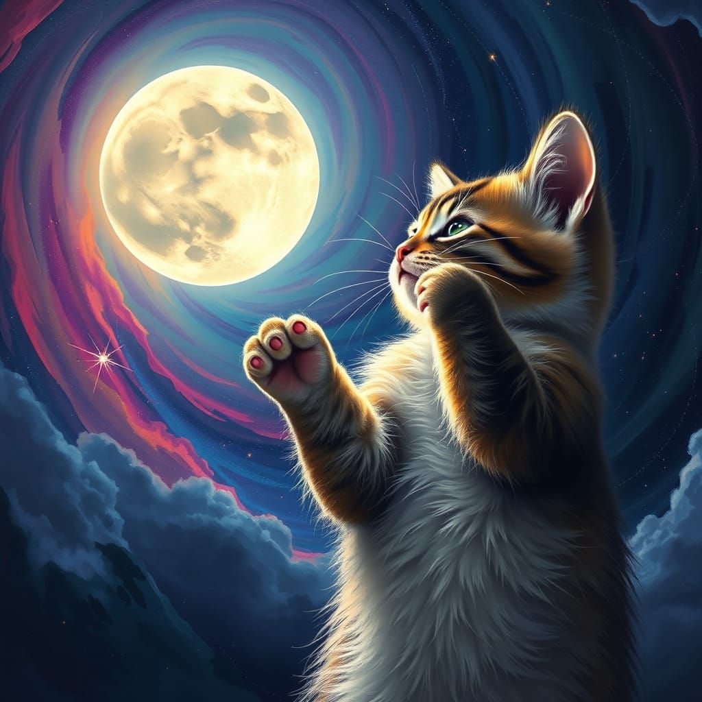 Giant Kitten Plays with Moon in Psychedelic Sky