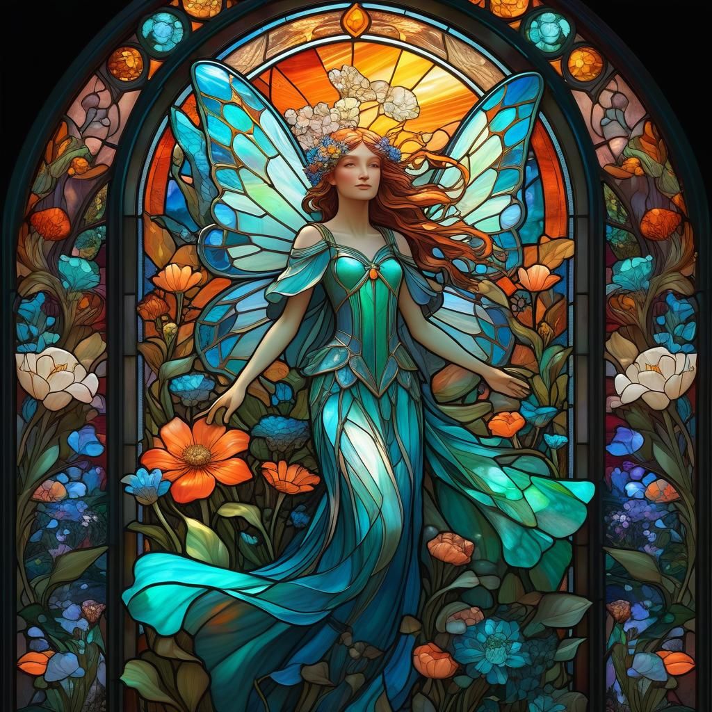 Fairy Among Flowers Stained Glass, Chromatic Surrealism