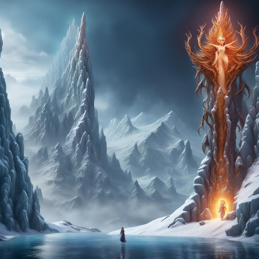 Fiery Goddess Emerges from Icy Landscape