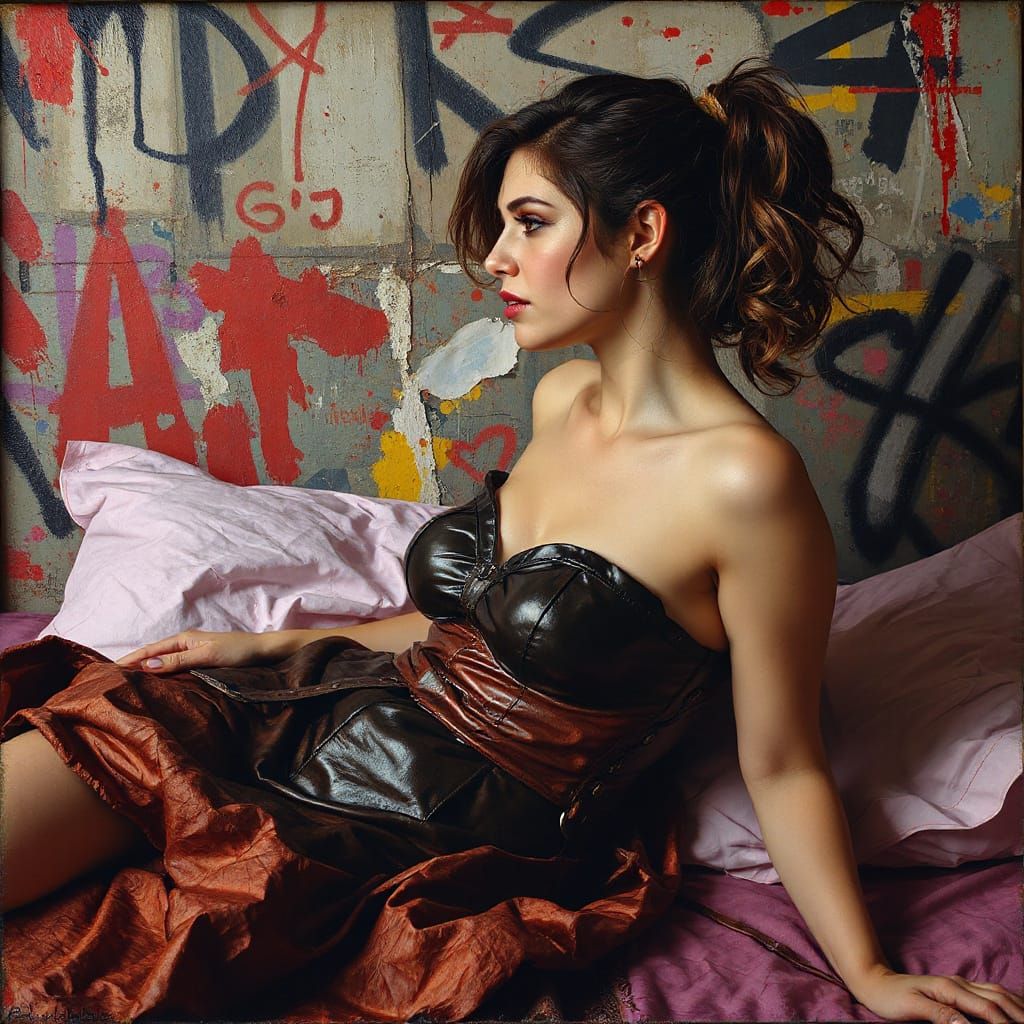 Sensual Woman in Leather Bodice on Vibrant Graffiti Backgrou...
