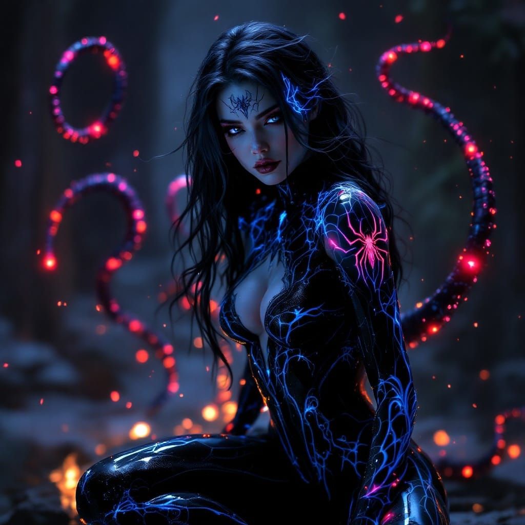 Goth Spiderman Goddess in Azure Symbiont Suit with Futuristi...