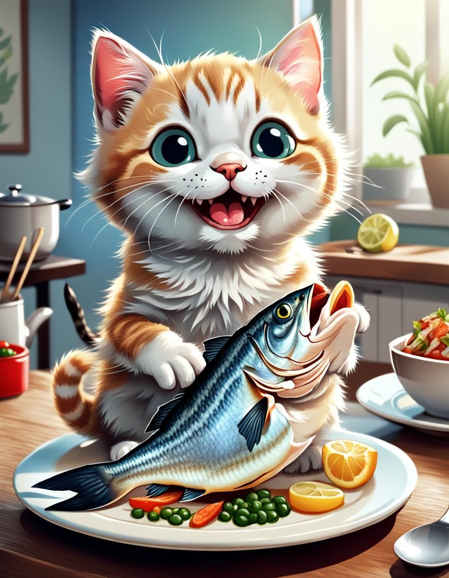 Happy Kitten with Giant Fish: Cartoonish and Adorable