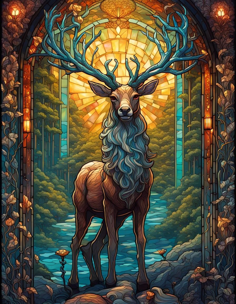 Stained Glass Reindeer in Hyperdetailed Illustration