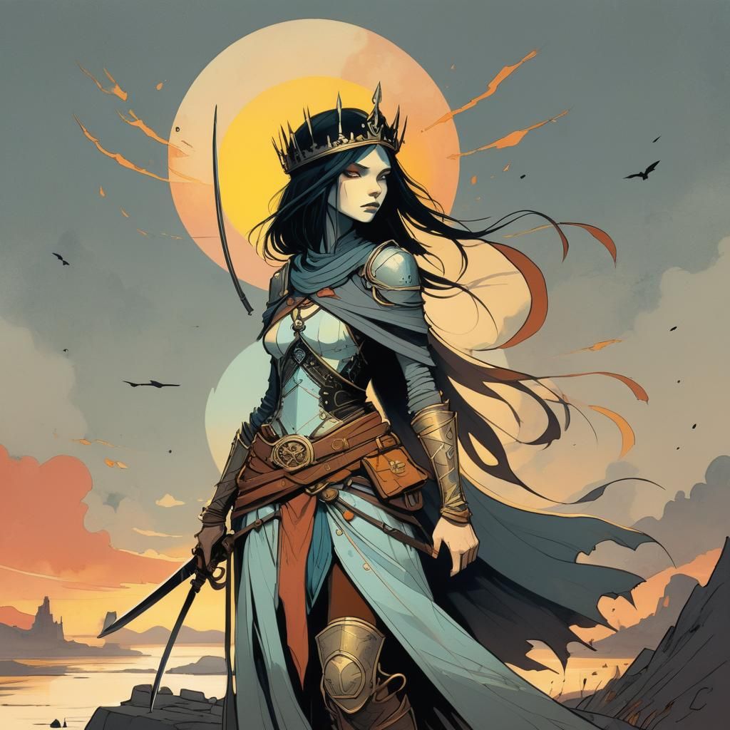 Warrior Princess in Sunset Colors, Minimalist Style