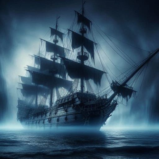 Black Pearl Pirate Ship Glides Through Mist: Dark Fantasy