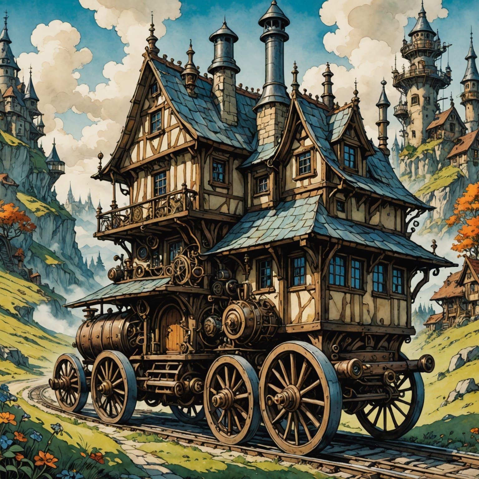 Steampunk Cottage on Wheels: Magical Fantasy Art