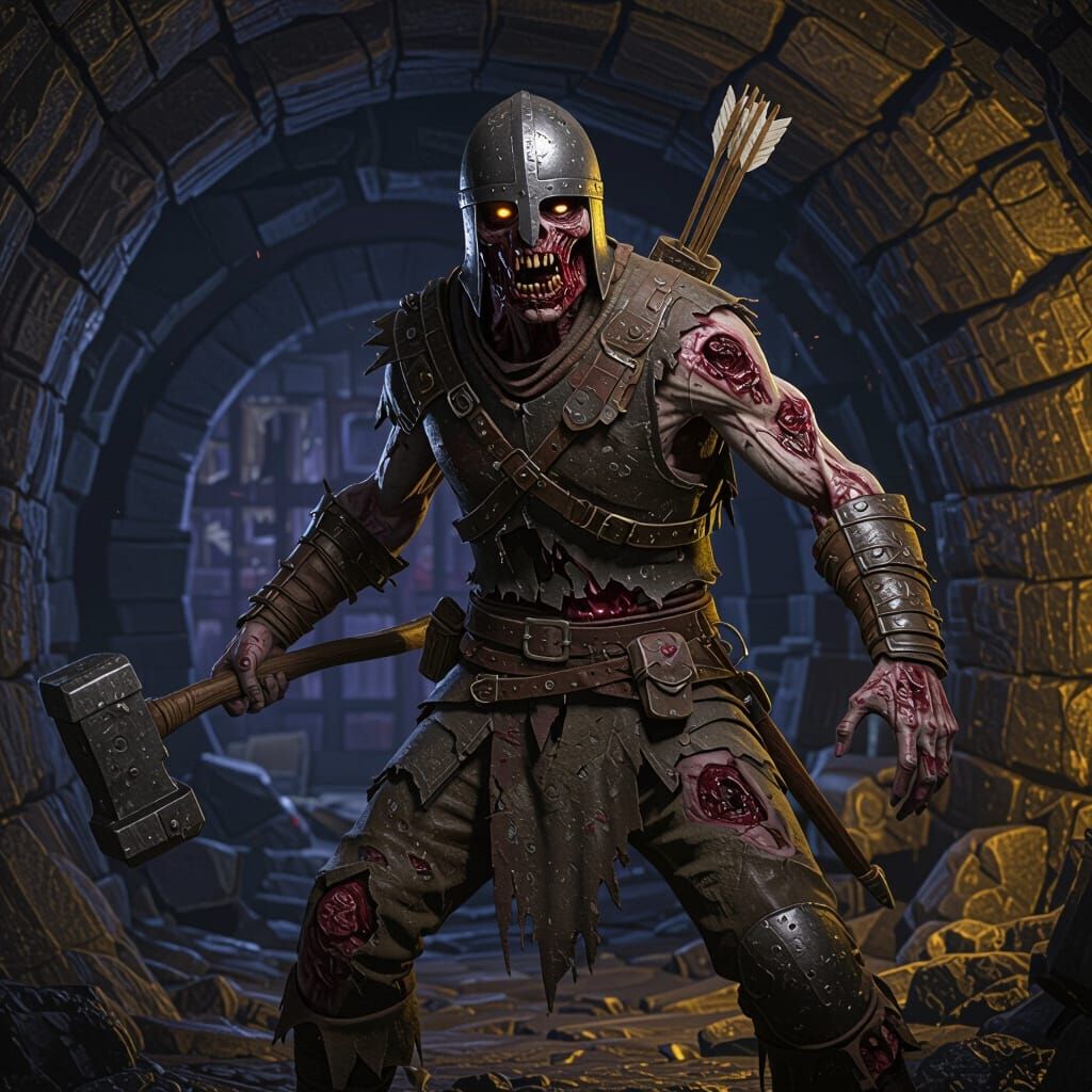 Terrifying Zombie Warrior in Dark Fantasy Mine