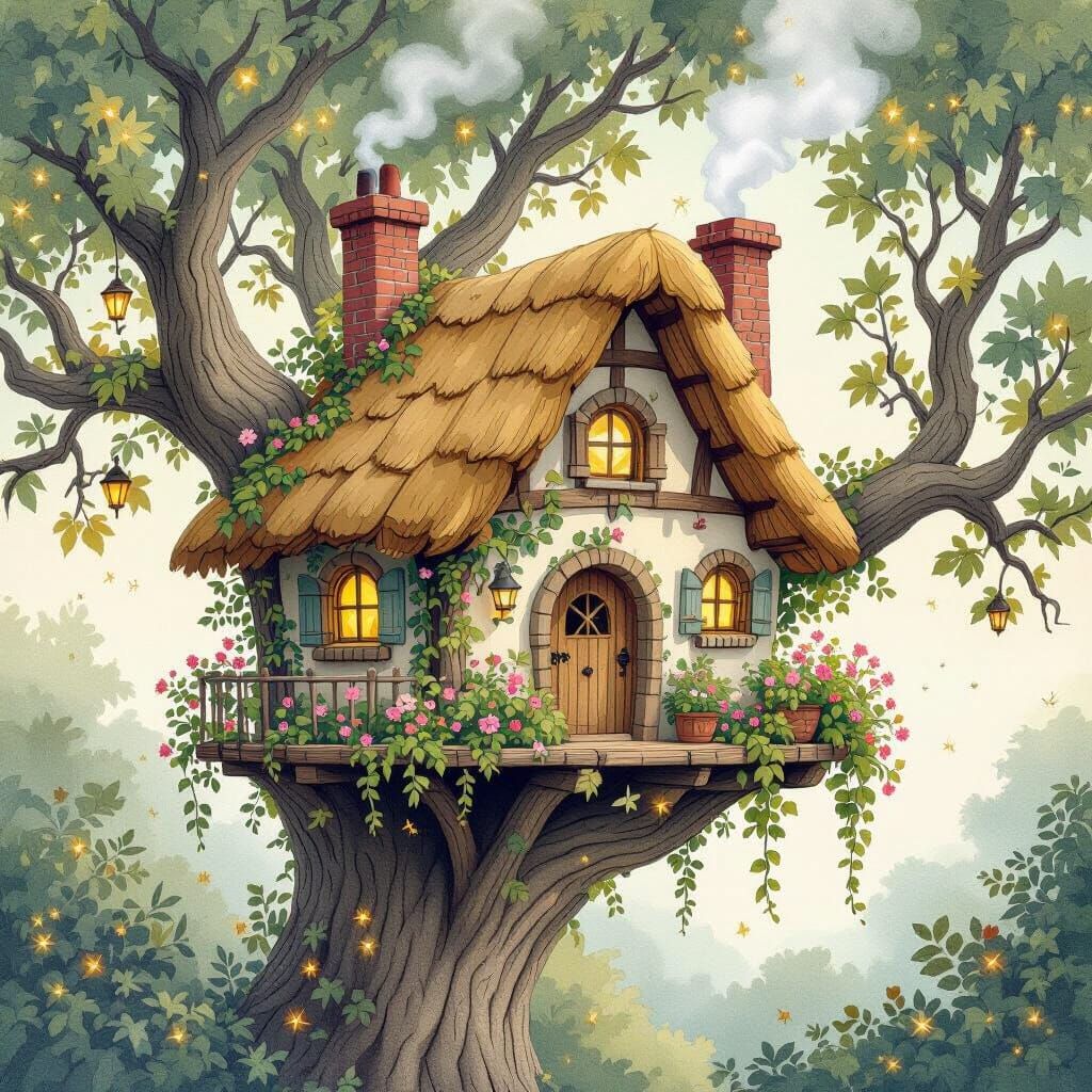 Whimsical Treehouse in Watercolor Style with Fireflies