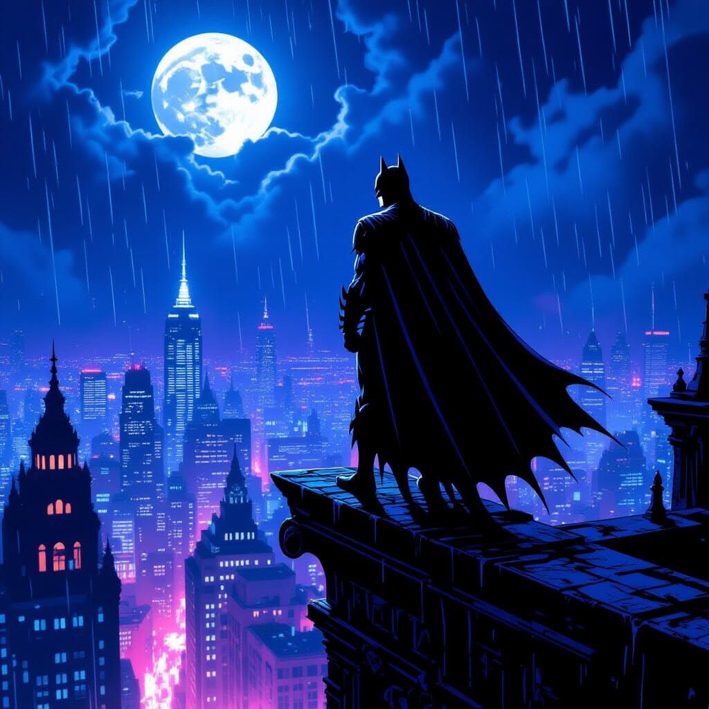 Gothic Vigilante Overlooks Neon Cyberpunk City
