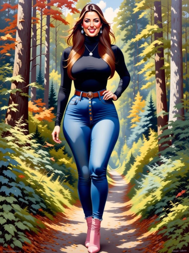 Enticing Woman in Garden: Oil and Ink Painting