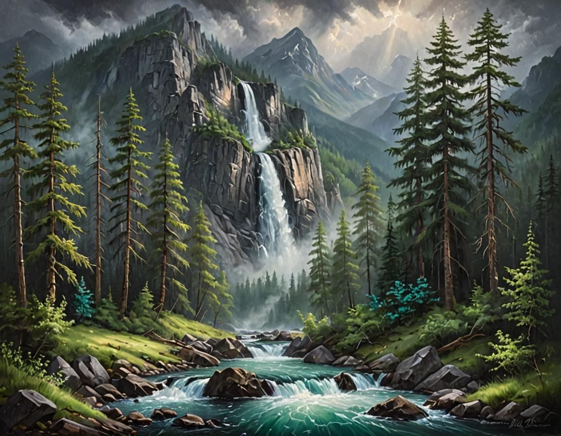 Majestic Mountain Waterfall in Oil Painting Style