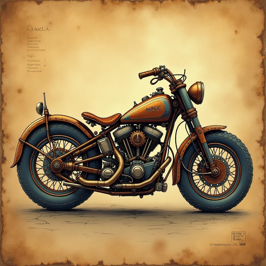 Steampunk Motorcycle Blueprint in Pen and Watercolour