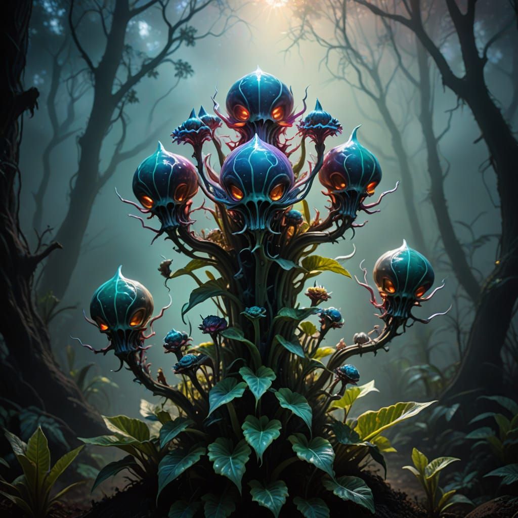 Bizarre Alien Plant with Skulls, Cinematic Lighting