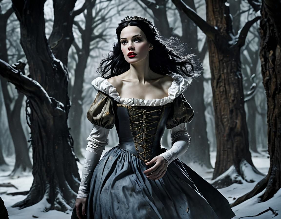 Snow White Flees Haunted Forest in Dark Fantasy