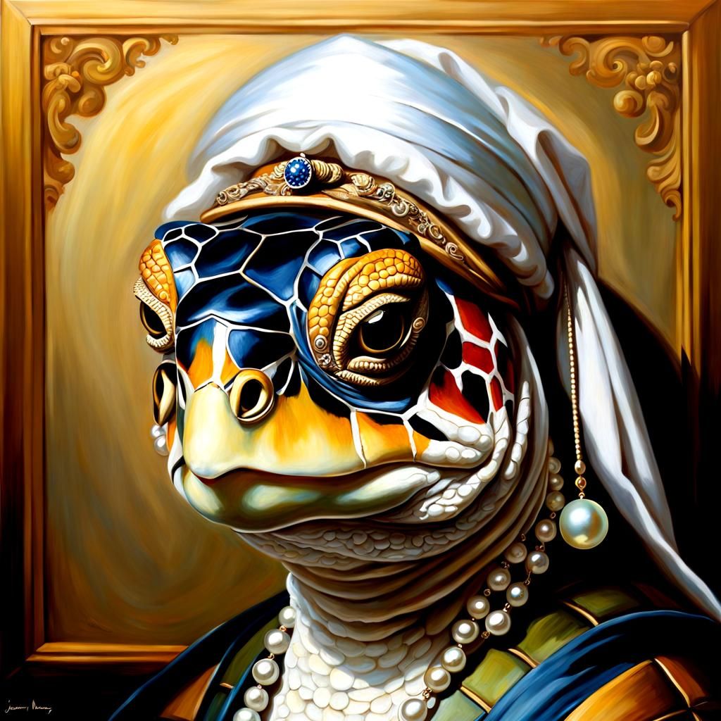Anthropomorphic Turtle with Pearl Earring in Classical Style
