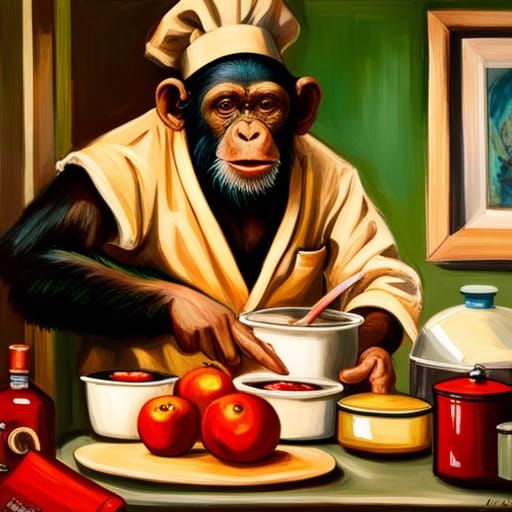 Chimpanzee Chef Cooking: Hyperrealistic Painting