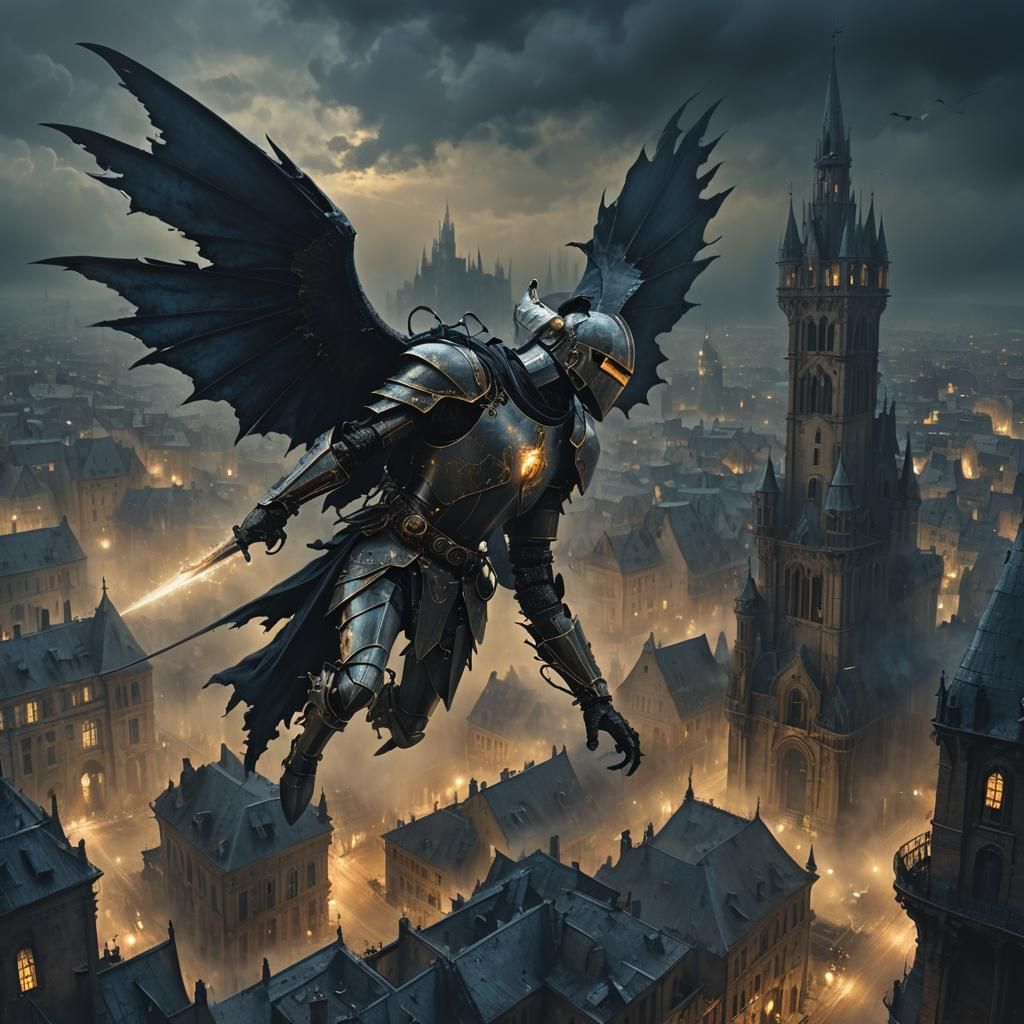 Knight Flight Over Gothic City in Dark Fantasy Style