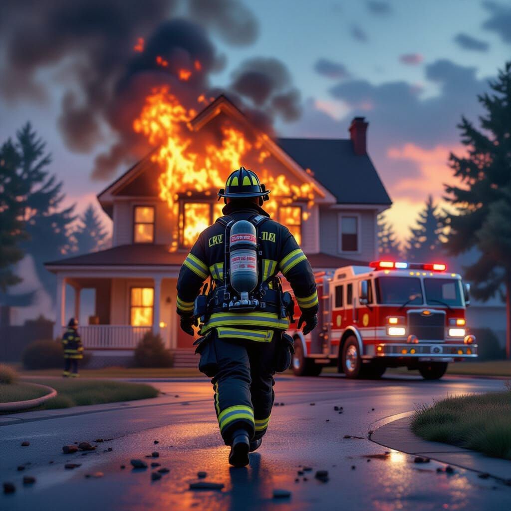 Firefighter Rushes to Burning House, 3D Digital Art