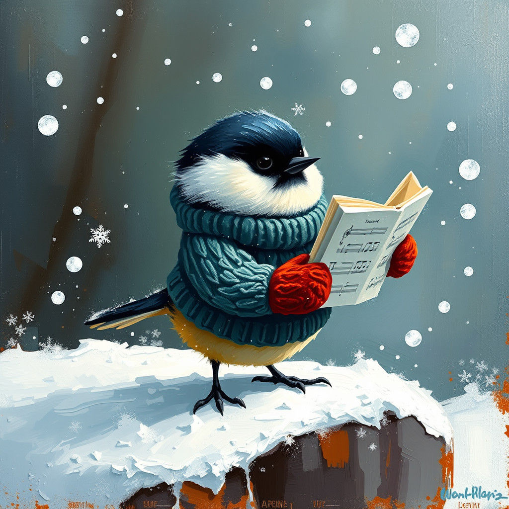 Festive Chickadee Singing Christmas Carols as Impasto Painti...