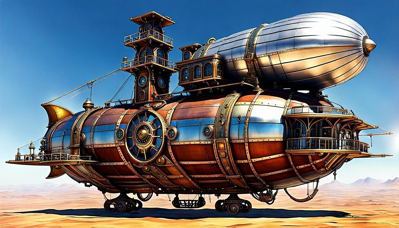 Steampunk Airship Over Desert Landscape
