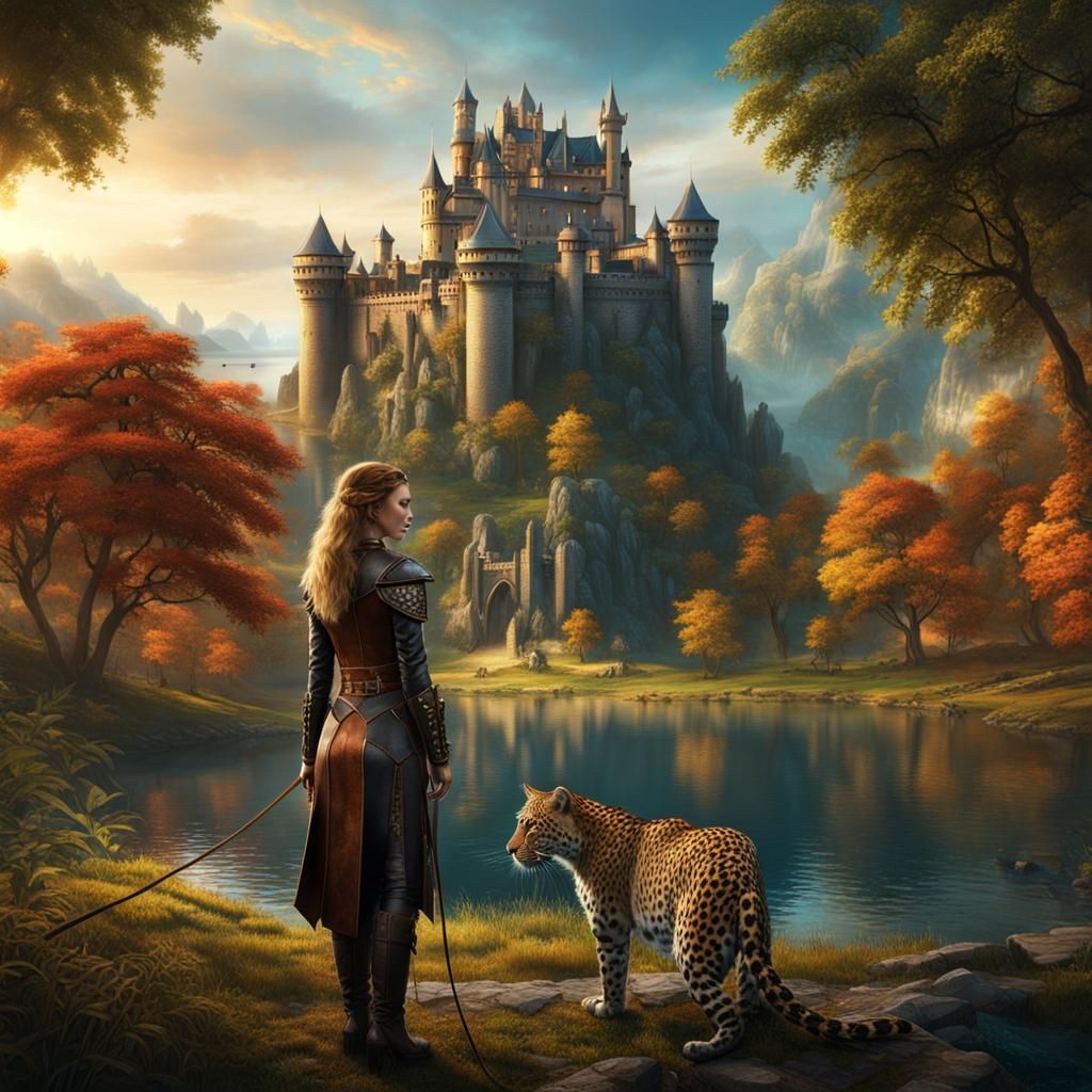 Girl with Leopard at Castle Lake: 3D Graphics
