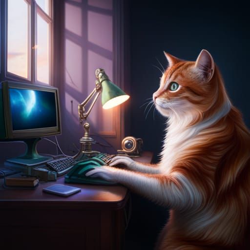 Cat Typing on Computer: Digital Matte Painting
