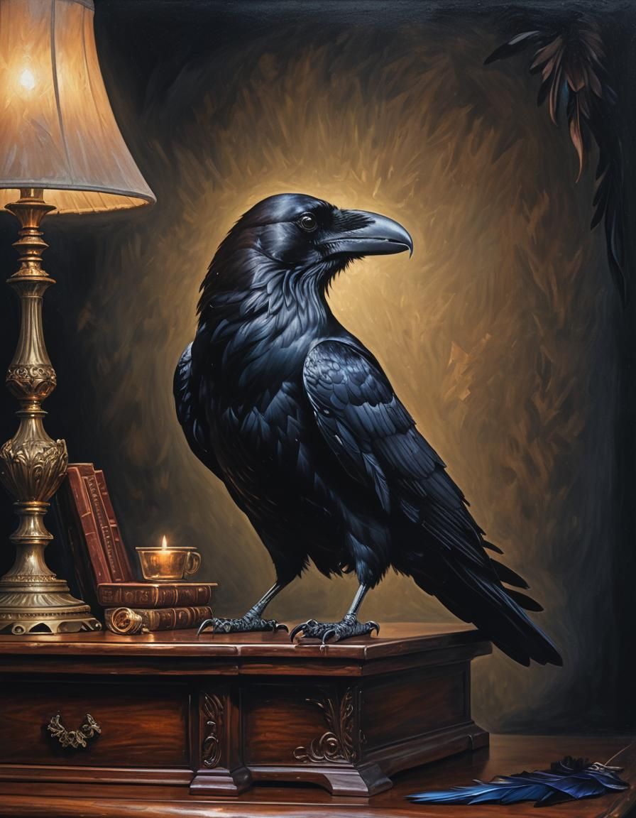 Majestic Raven in Dark Study, Oil Painting