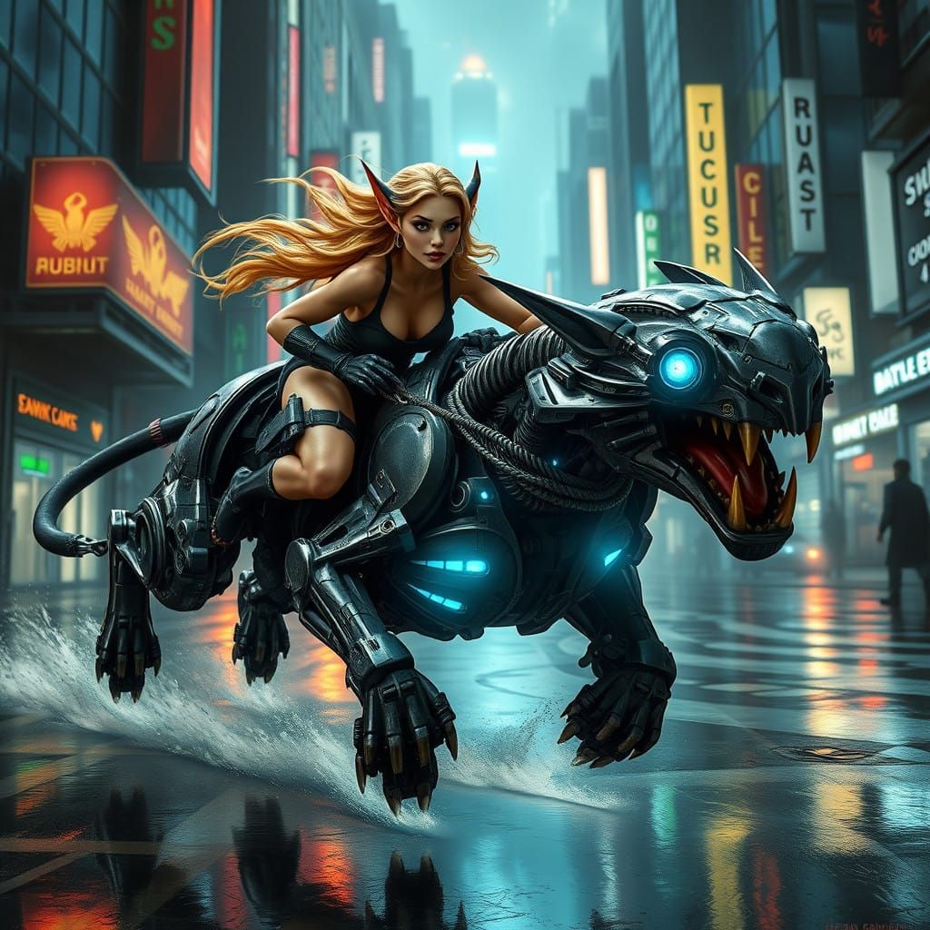 Elf Warrior Rides Metal Battle Cat into Dystopian City