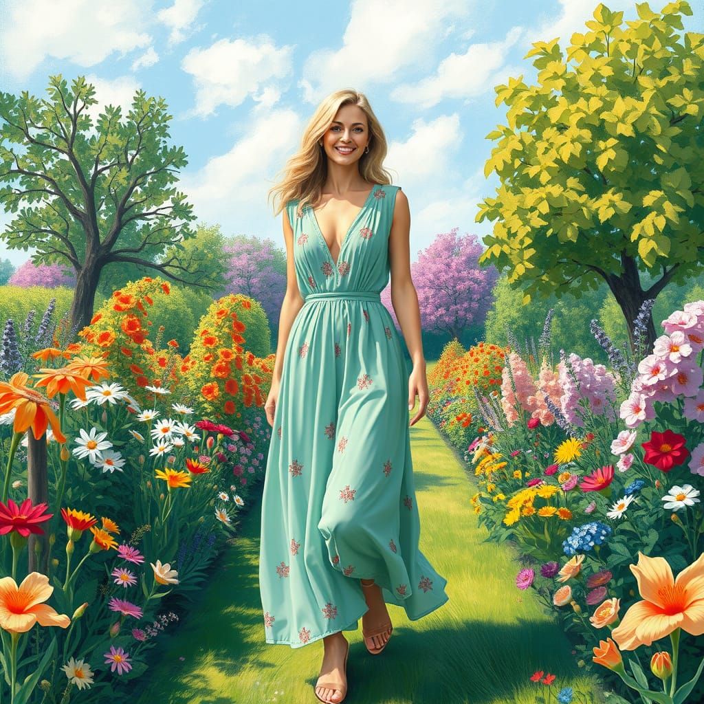 Elegant European Woman Strolls Through a Vibrant Garden