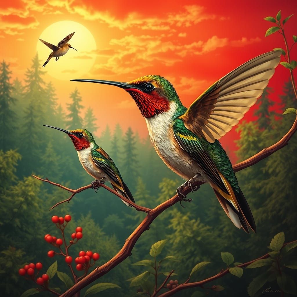 Hummingbirds with Metallic Plumage in Forest Scene