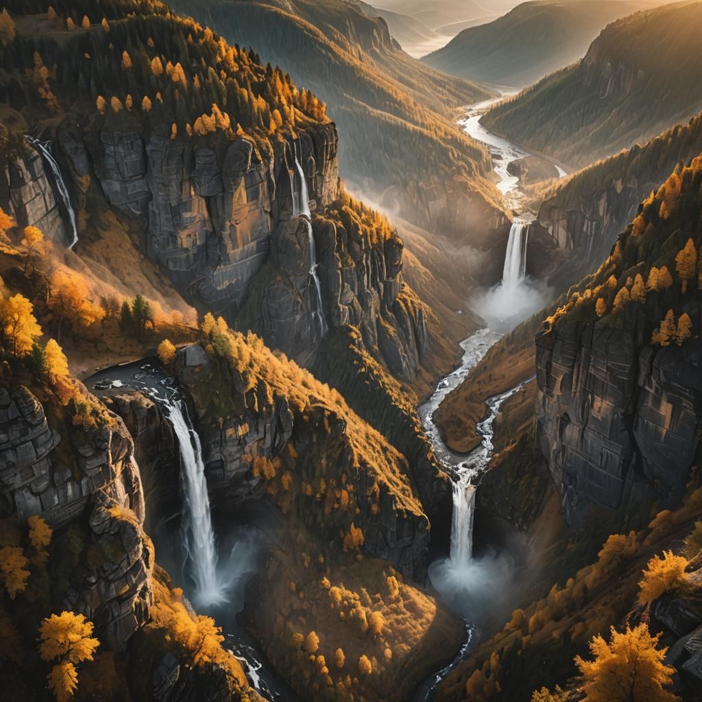 Breathtaking Waterfall Overlooking Misty Valley at Sunset