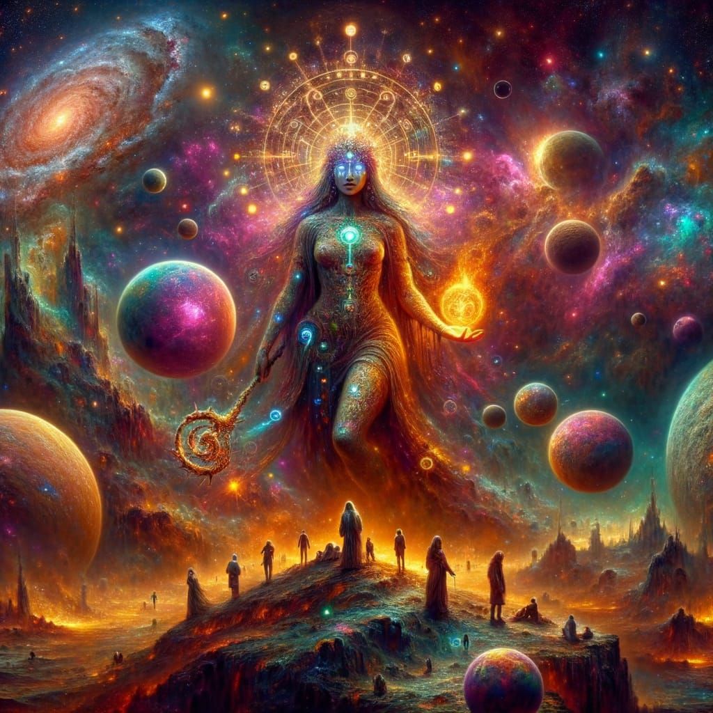 Cosmic Deity and Titan Oversee Fiery Meteor Shower