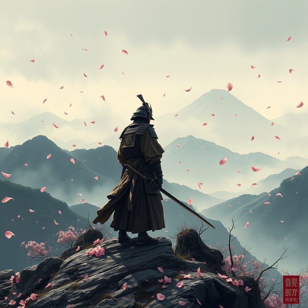 Samurai on Windswept Hill with Cherry Blossoms