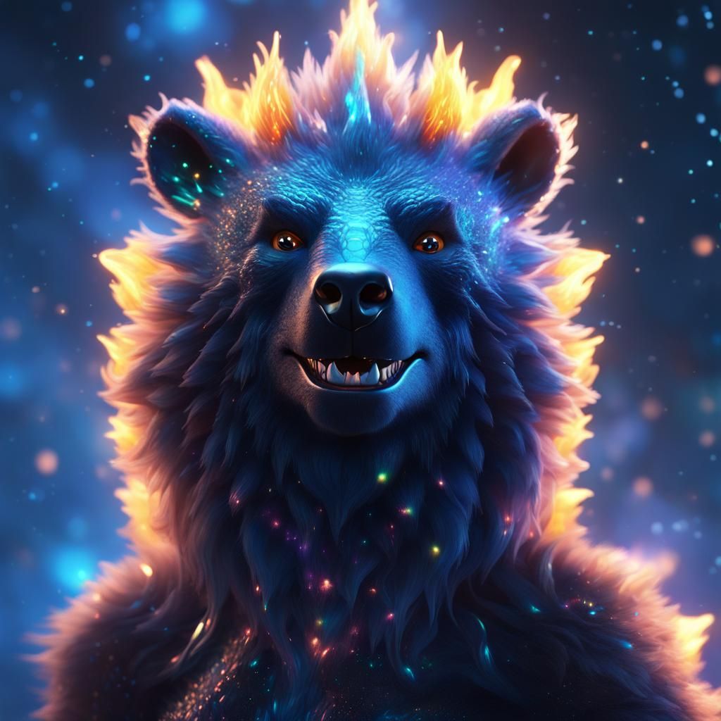 Smiling Bear-Dragon Hybrid in Galaxy, Digital Art